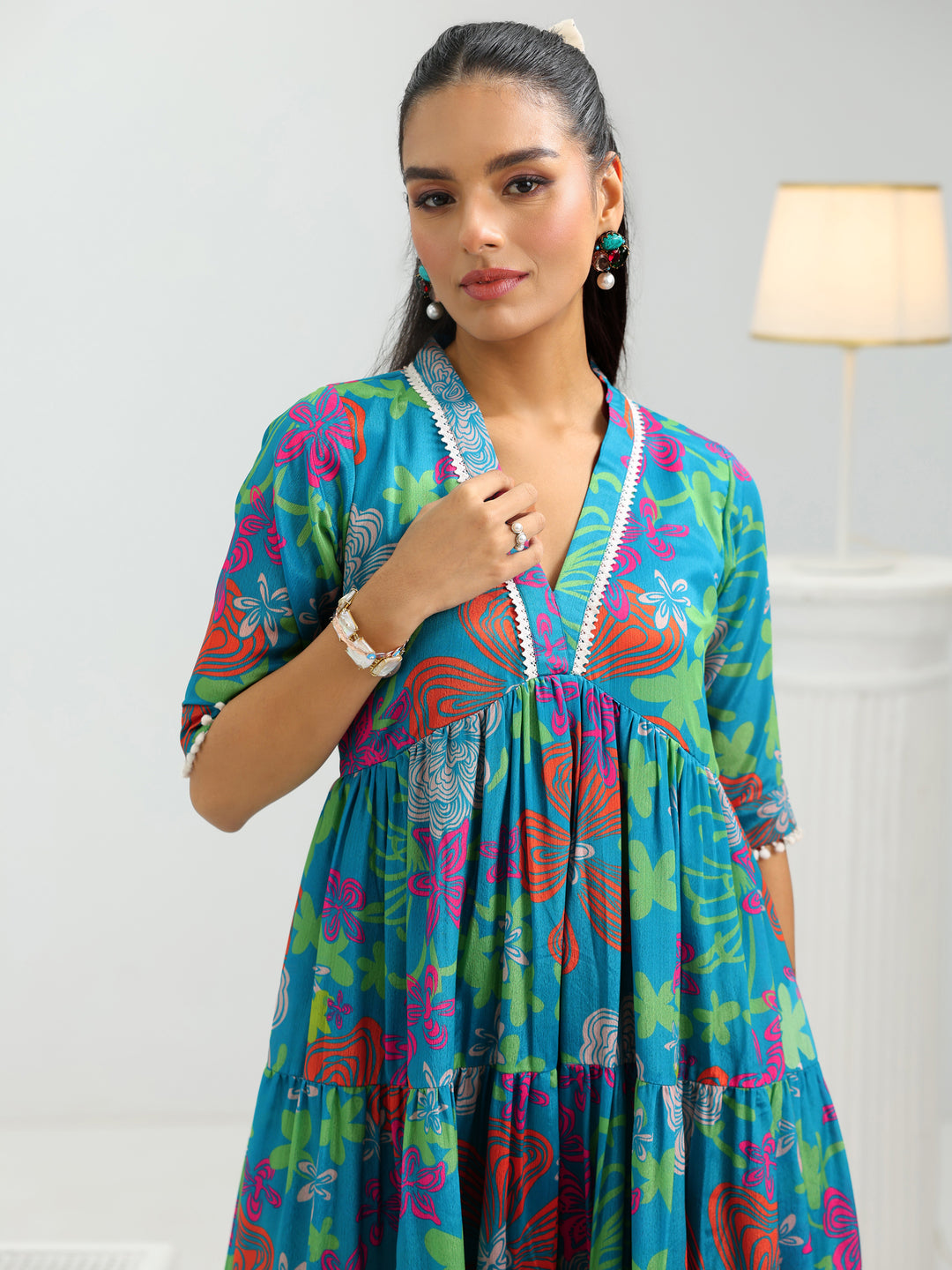  Blue Printed Silk Blend Fit And Flare One Piece Dress 