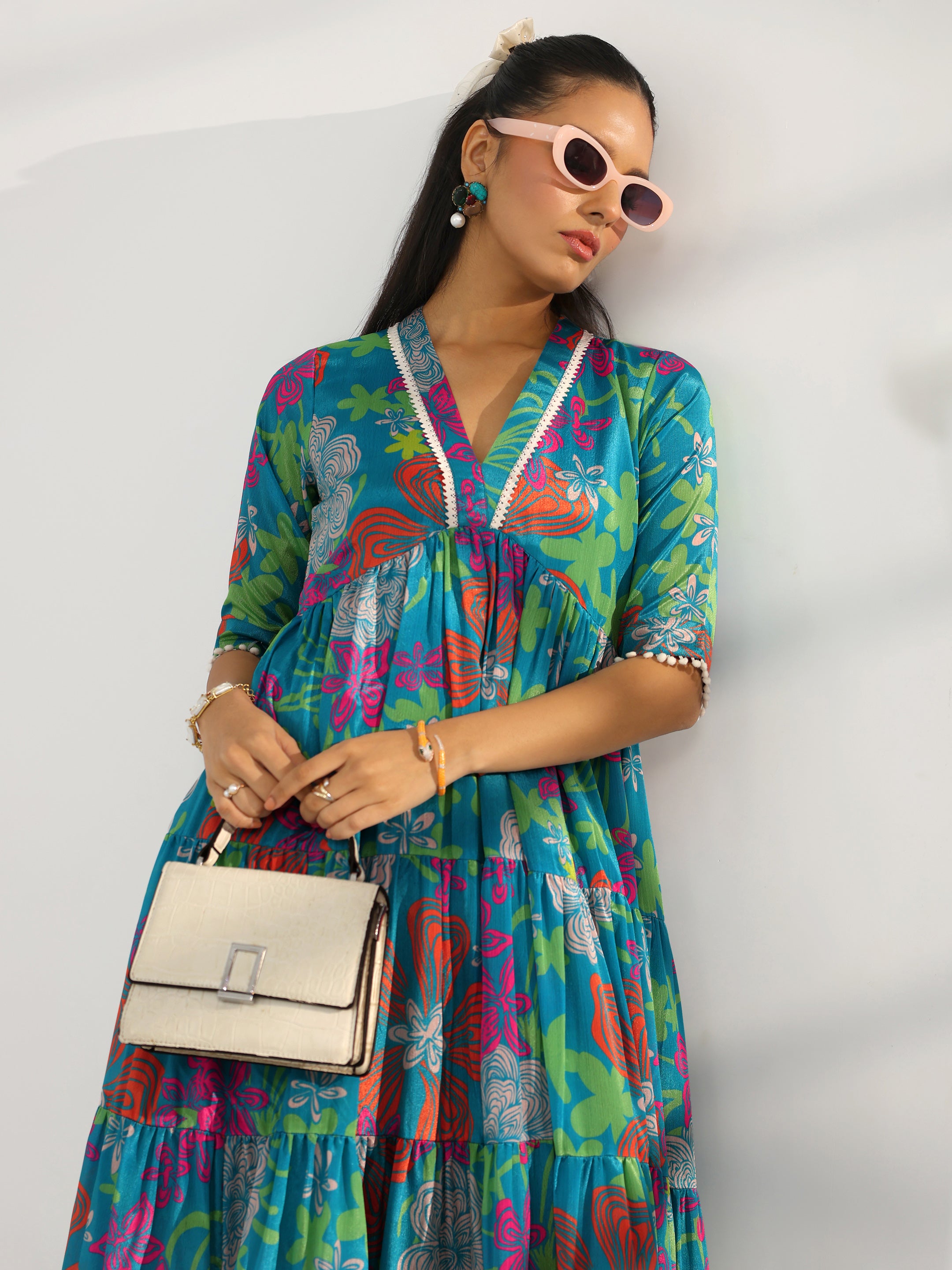 Blue Printed Silk Blend Fit And Flare One Piece Dress-image-23