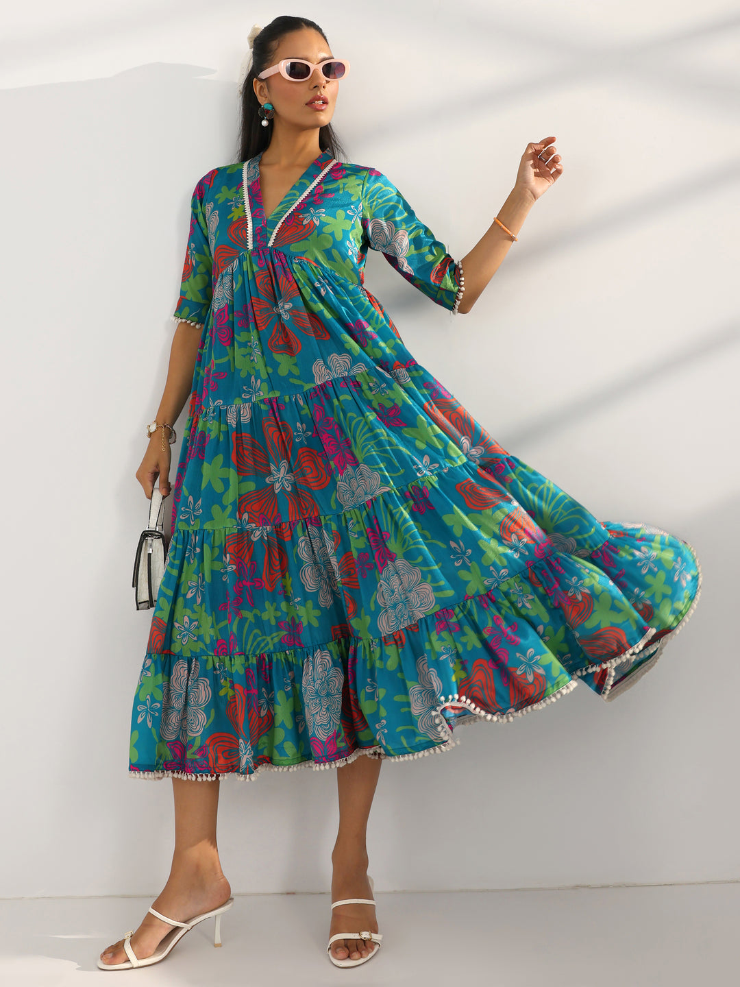  Blue Printed Silk Blend Fit And Flare One Piece Dress 
