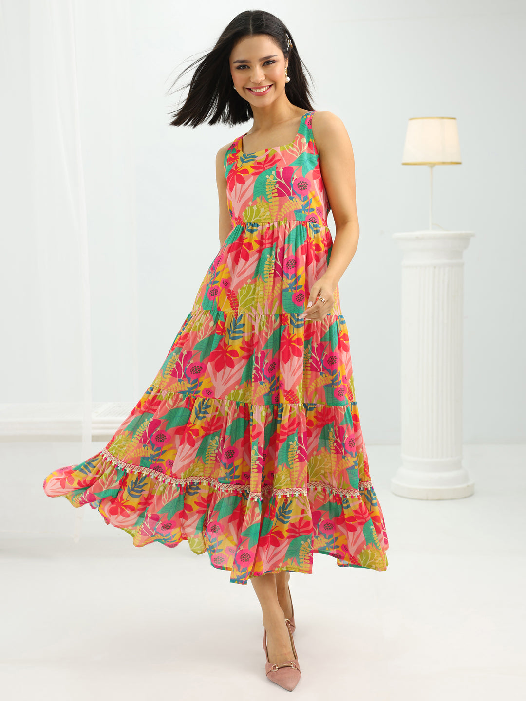  Multi Printed Silk Blend Fit And Flare One Piece Dress 