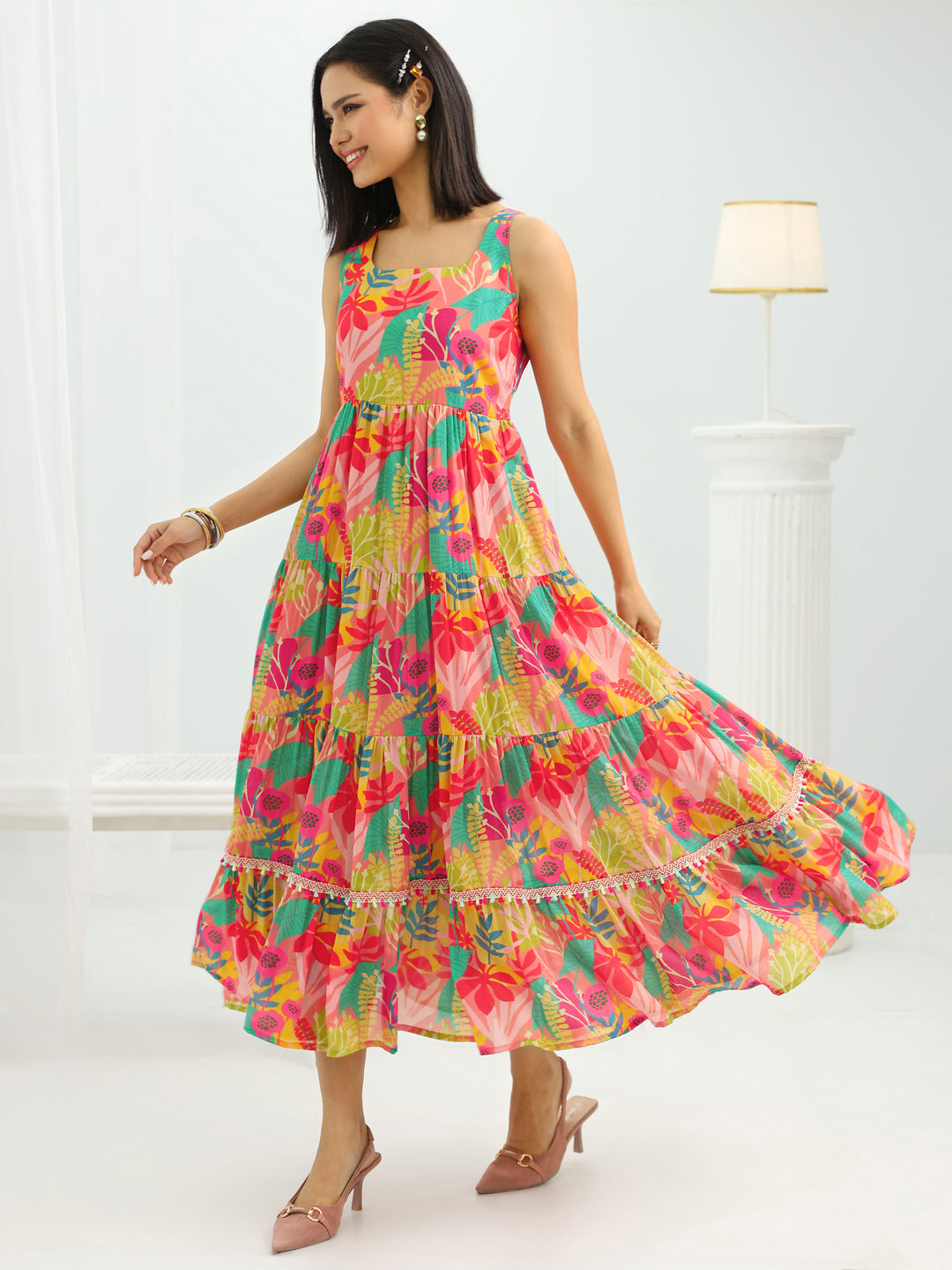  Multi Printed Silk Blend Fit And Flare One Piece Dress 
