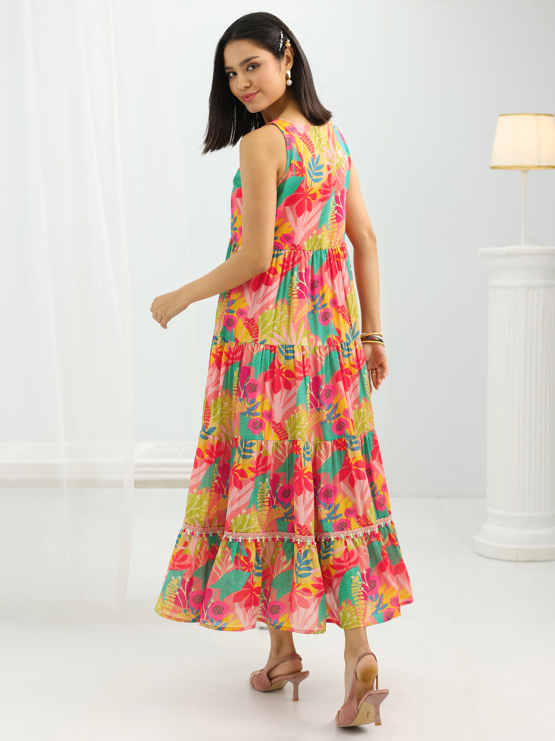  Multi Printed Silk Blend Fit And Flare One Piece Dress 