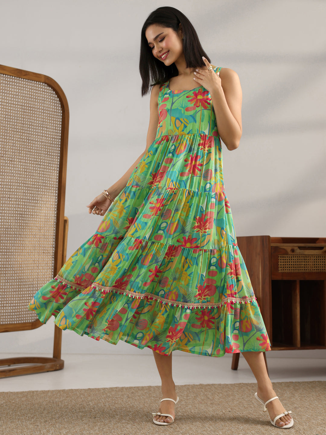  Multi Printed Chiffon Fit And Flare One Piece Dress 