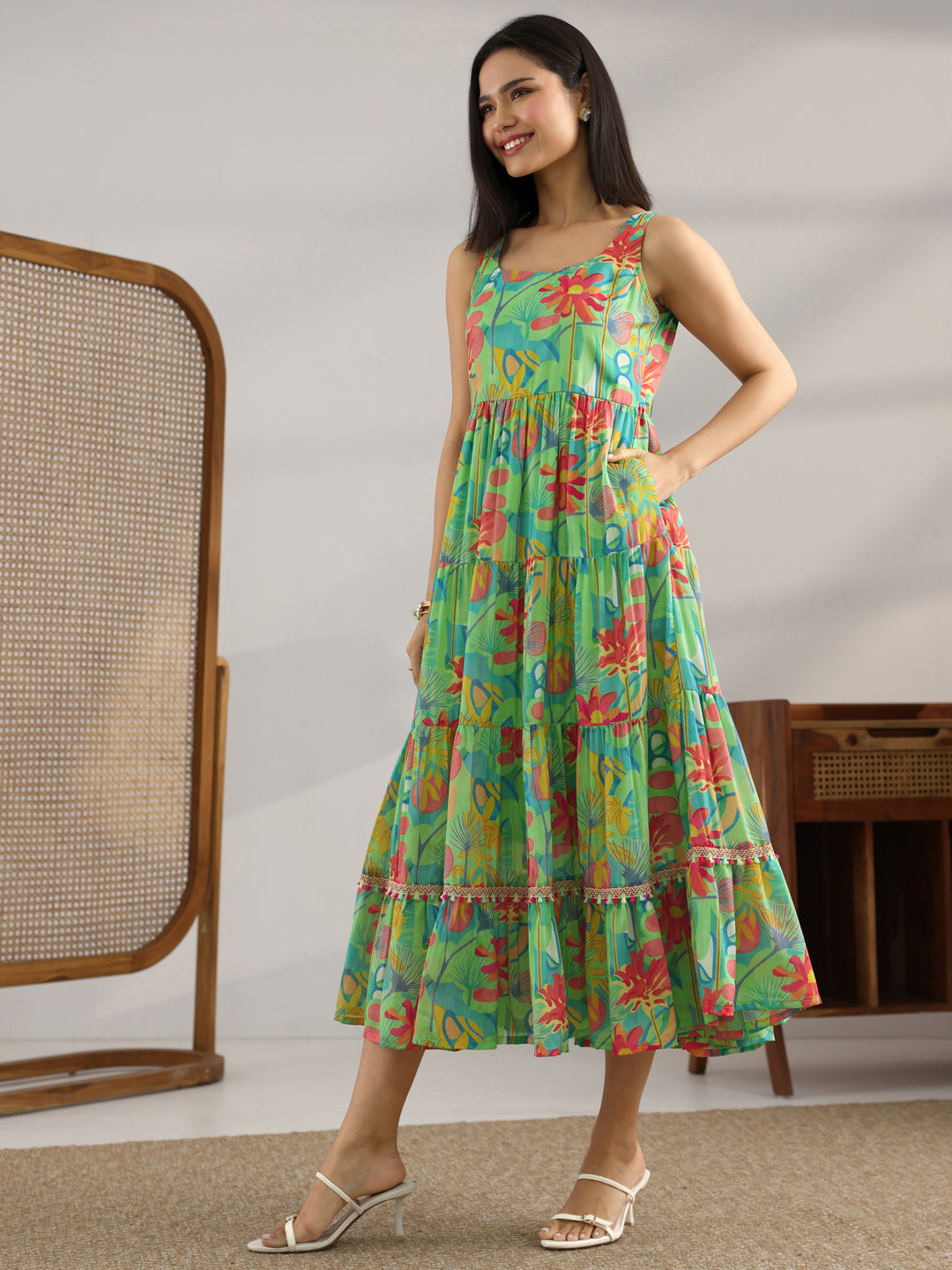  Multi Printed Chiffon Fit And Flare One Piece Dress 