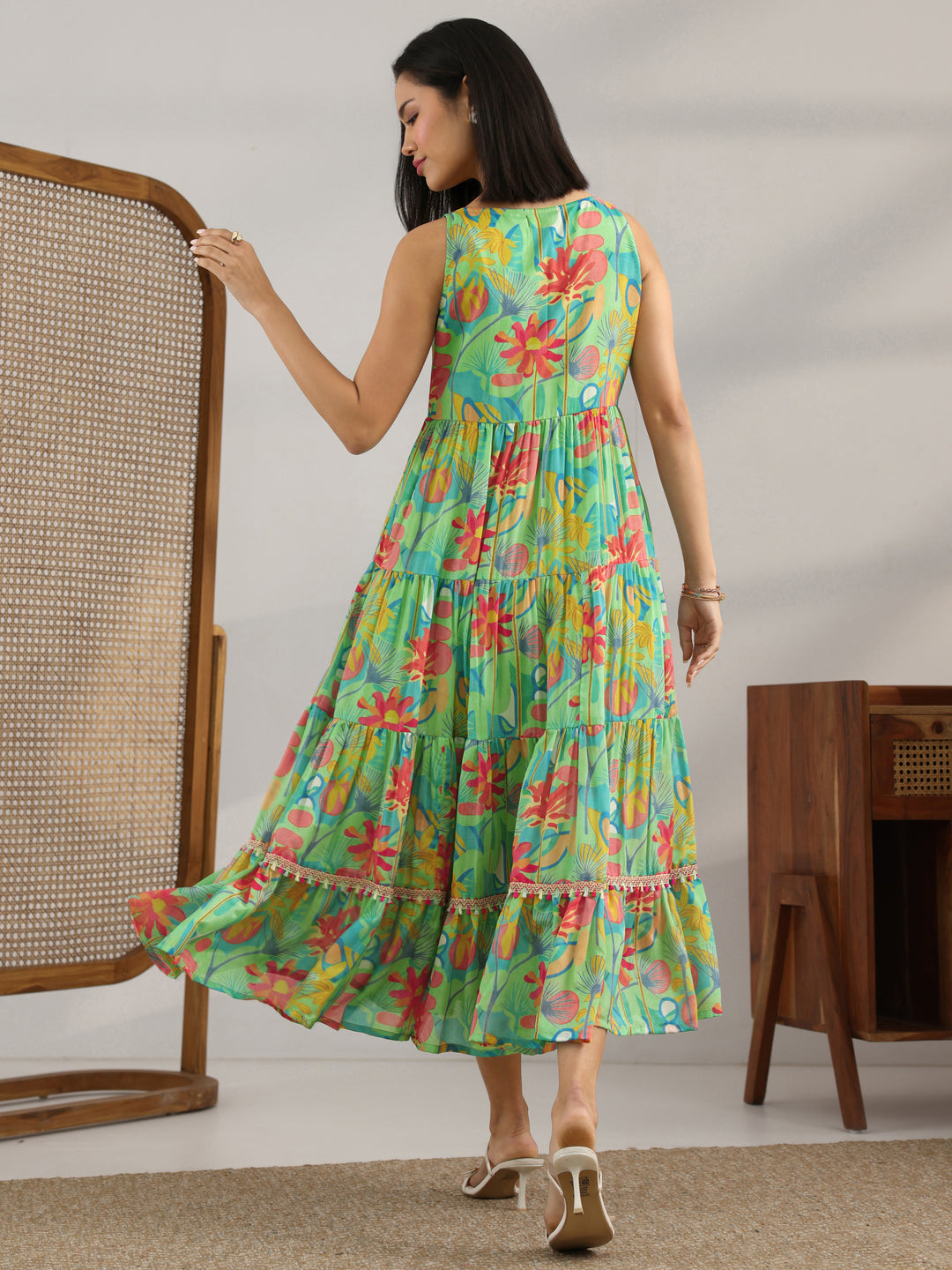  Multi Printed Chiffon Fit And Flare One Piece Dress 