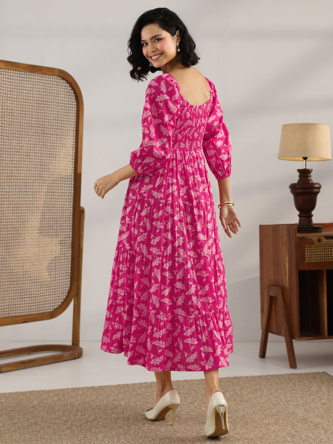  Pink Printed Cotton Fit And Flare One Piece Dress 