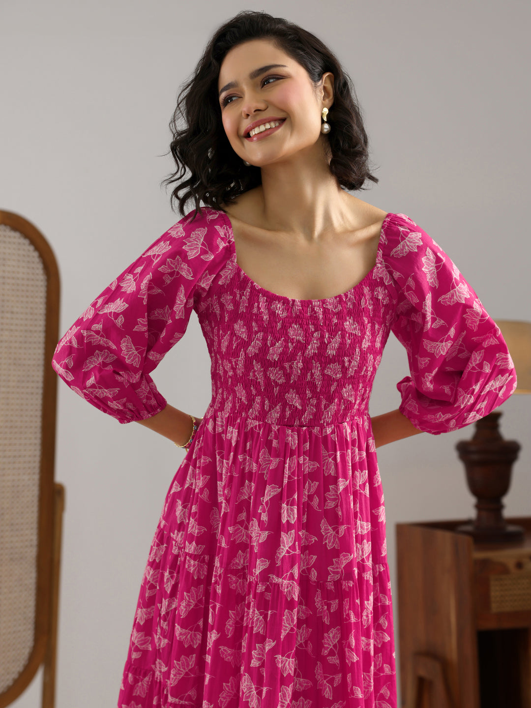  Pink Printed Cotton Fit And Flare One Piece Dress 