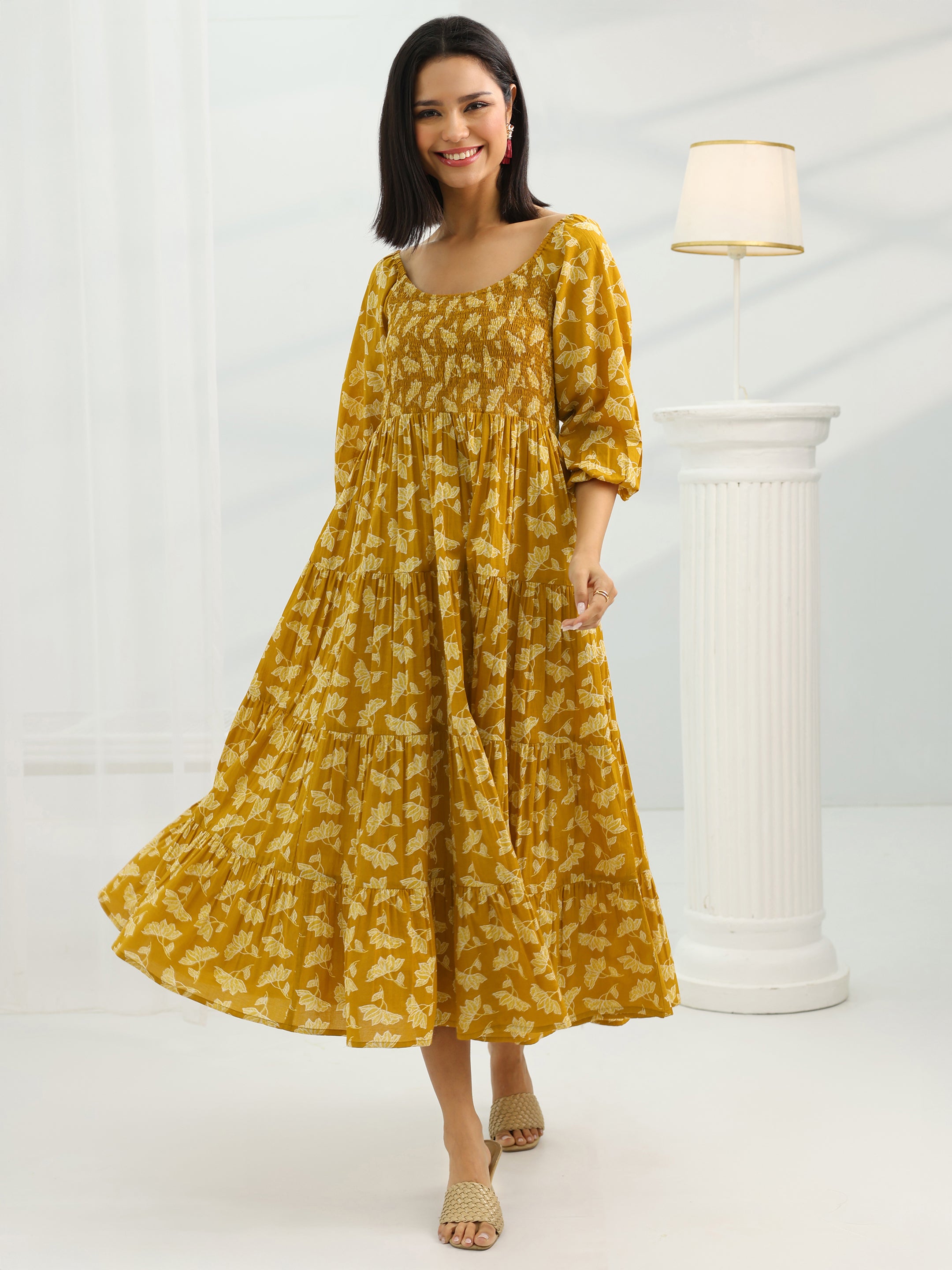 libas Mustard Printed Cotton Fit And Flare One Piece Dress-picture-61