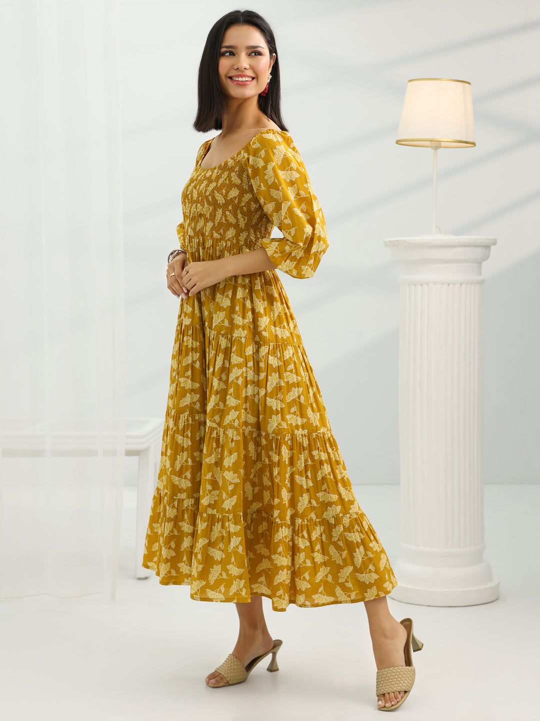  Mustard Printed Cotton Fit And Flare One Piece Dress 