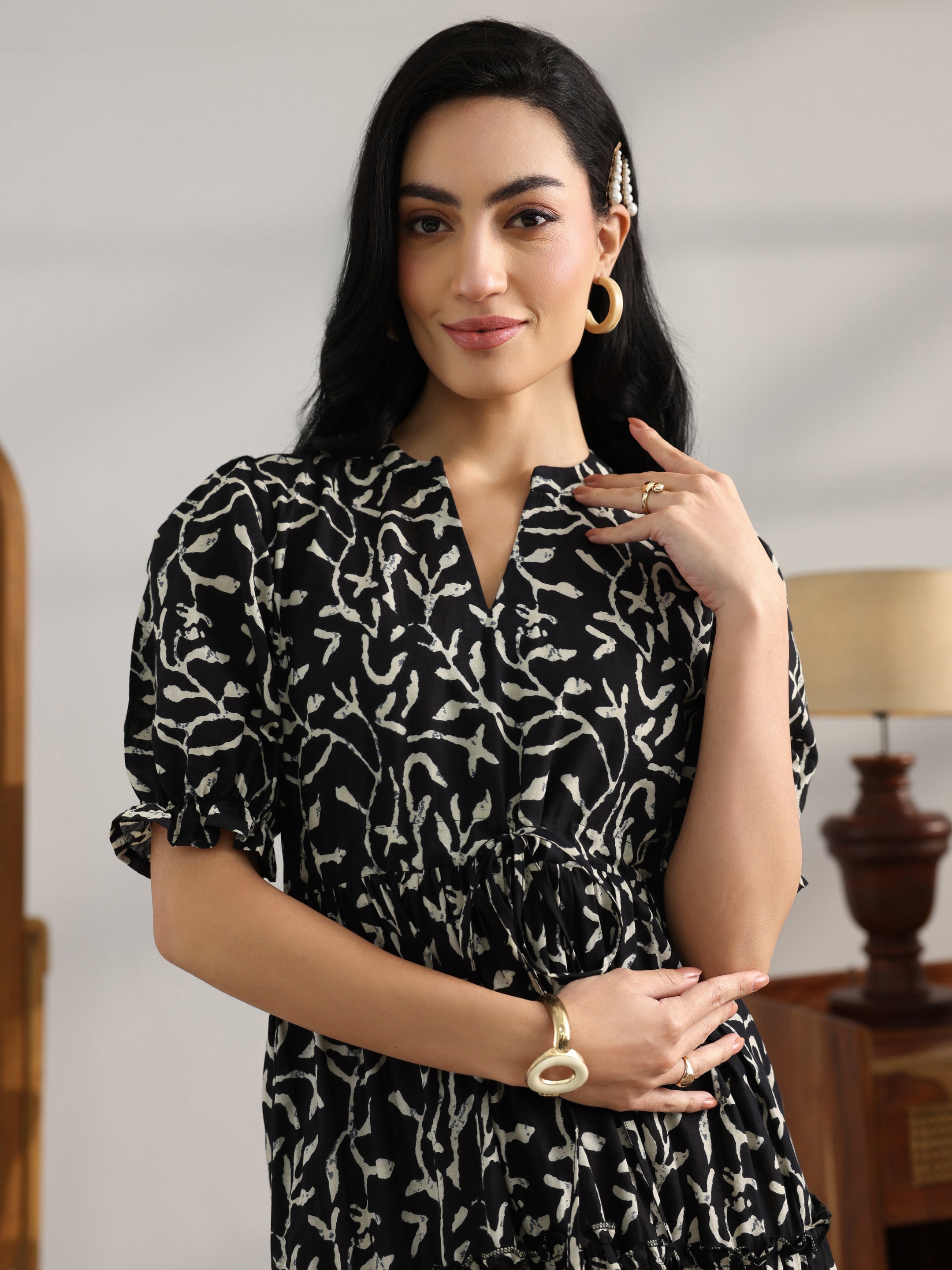 Buy Black Printed Cotton Fit And Flare One Piece Dress Online at