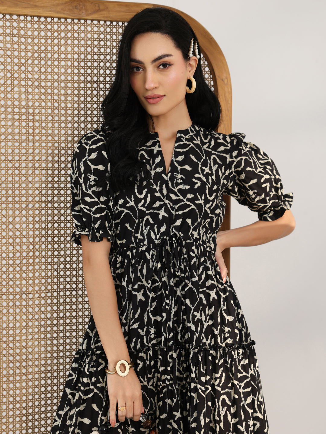 Black Printed Cotton Fit And Flare One Piece Dress
