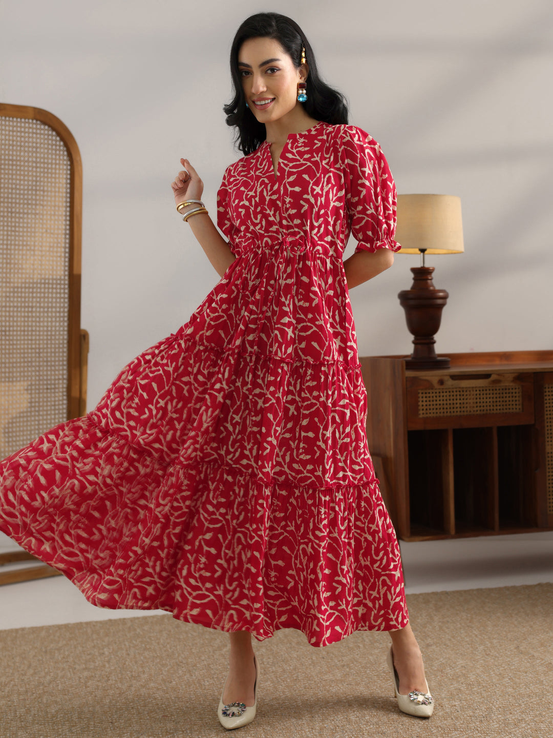  Red Printed Cotton Fit And Flare One Piece Dress 