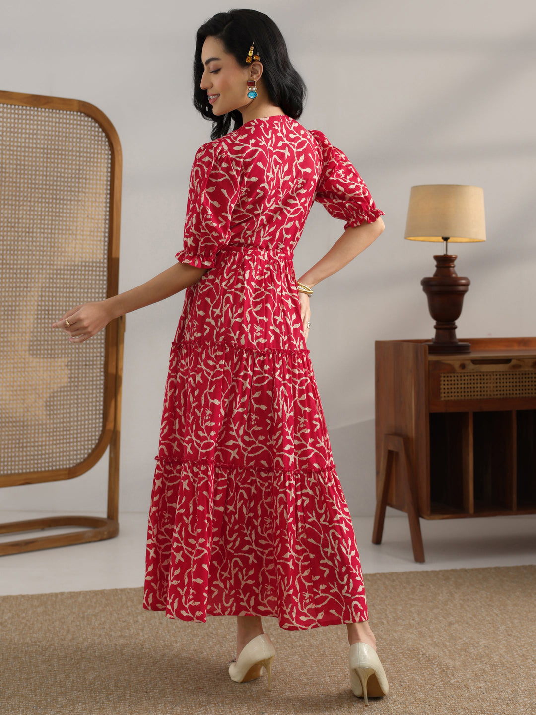  Red Printed Cotton Fit And Flare One Piece Dress 