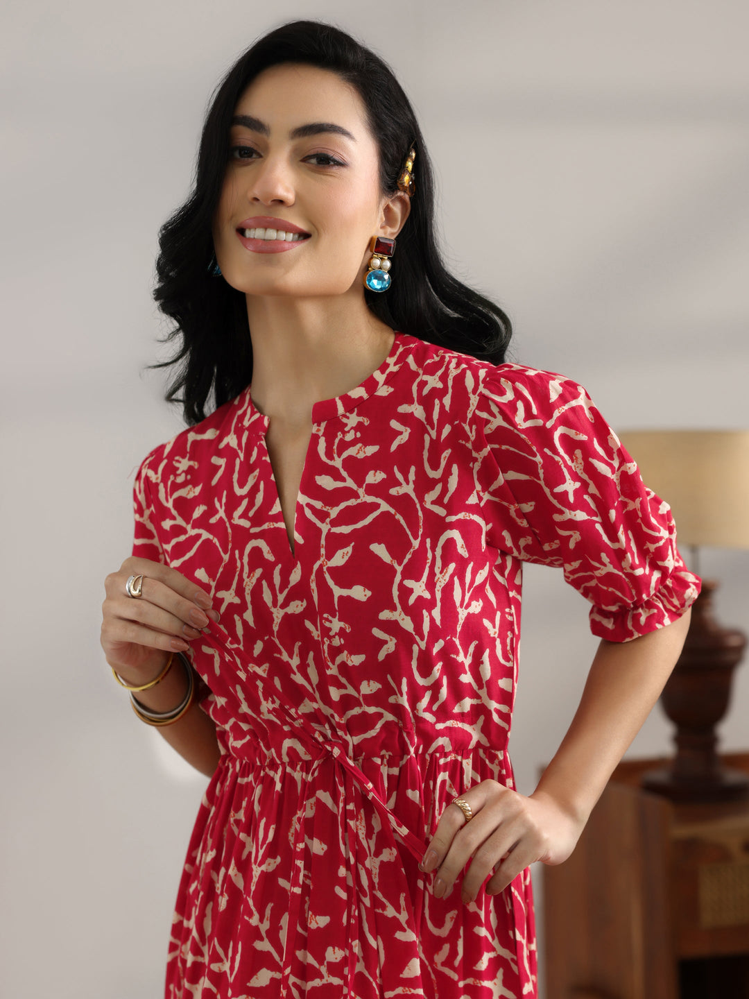  Red Printed Cotton Fit And Flare One Piece Dress 