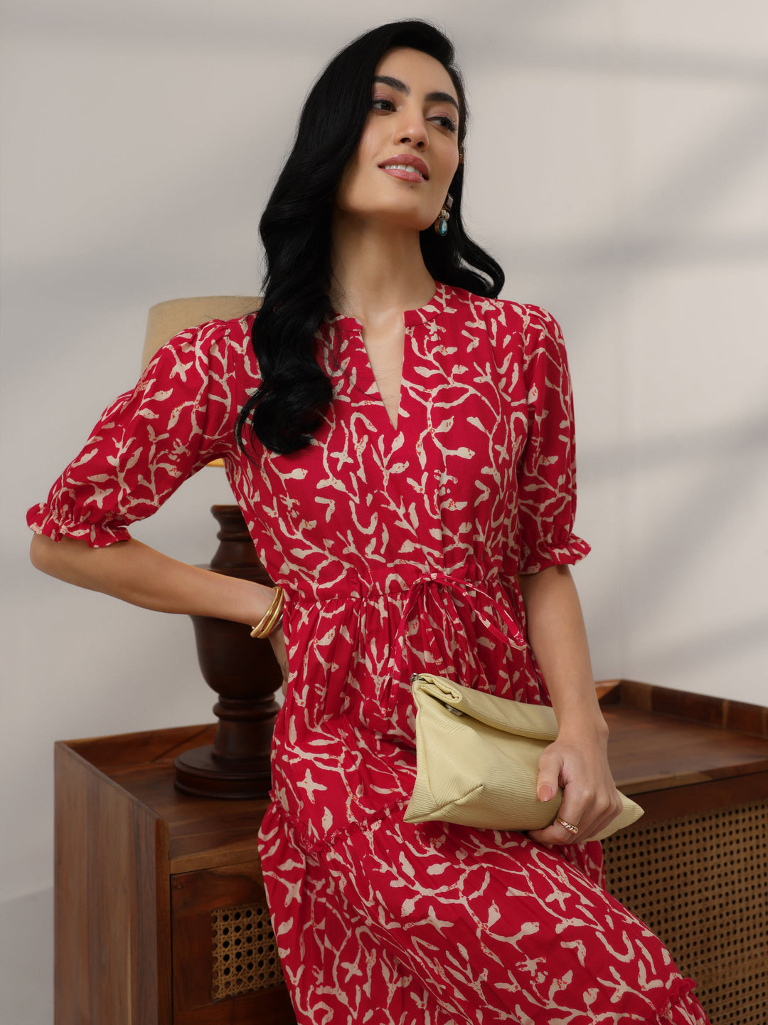  Red Printed Cotton Fit And Flare One Piece Dress 