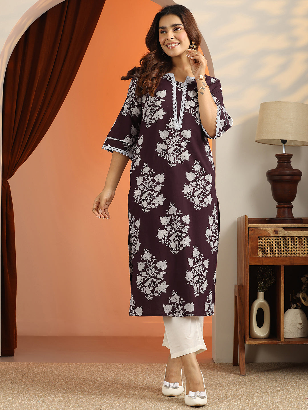  Burgundy Printed Cotton Straight Kurta 