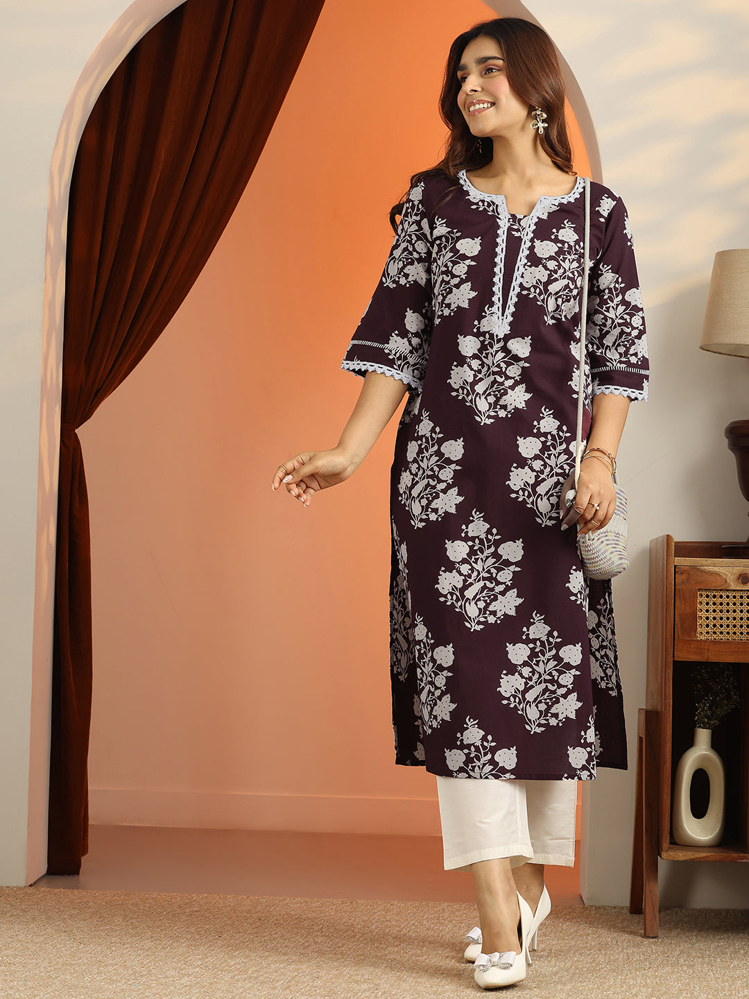  Burgundy Printed Cotton Straight Kurta 