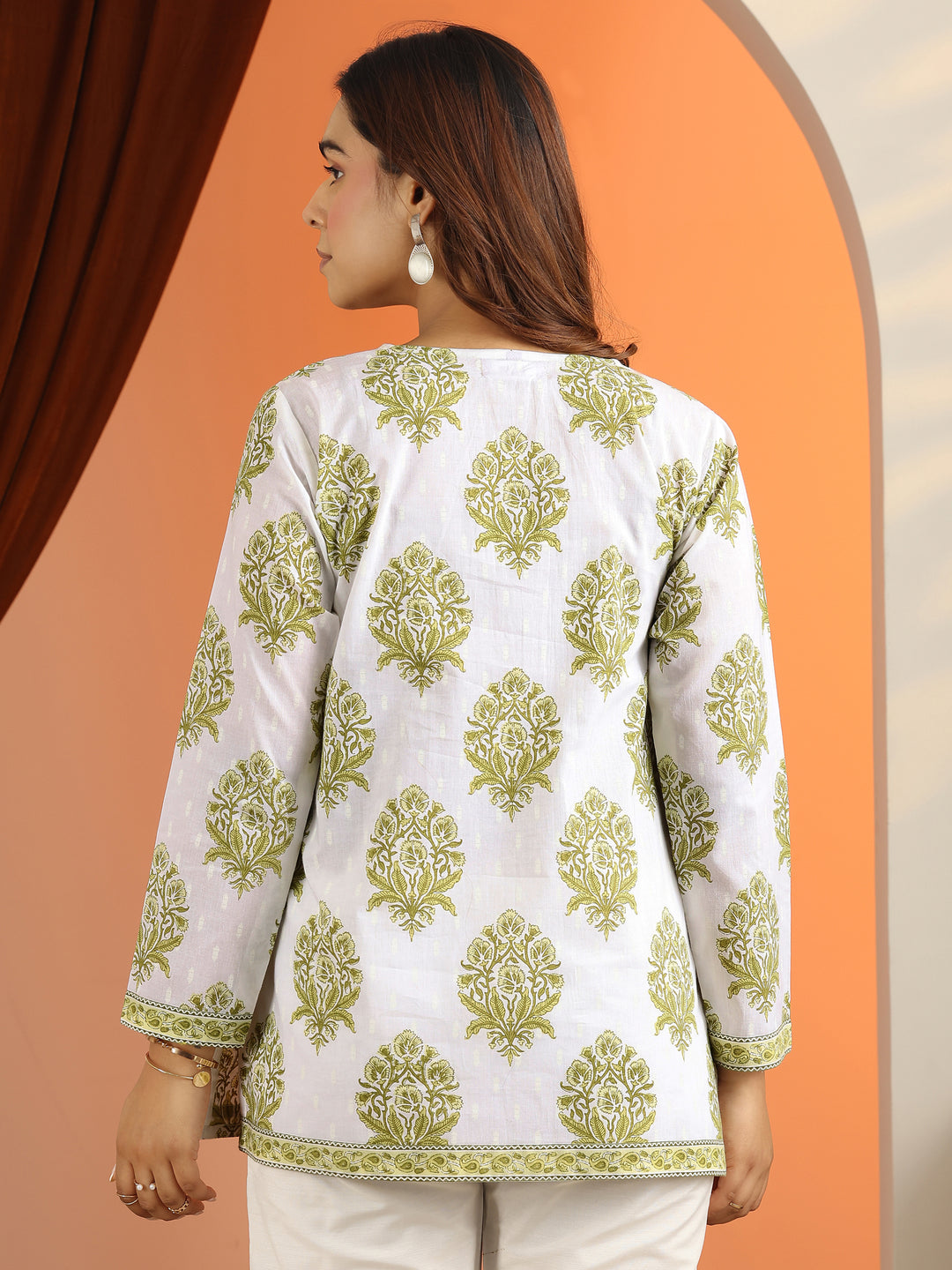  White Printed Cotton Straight Short Kurti 