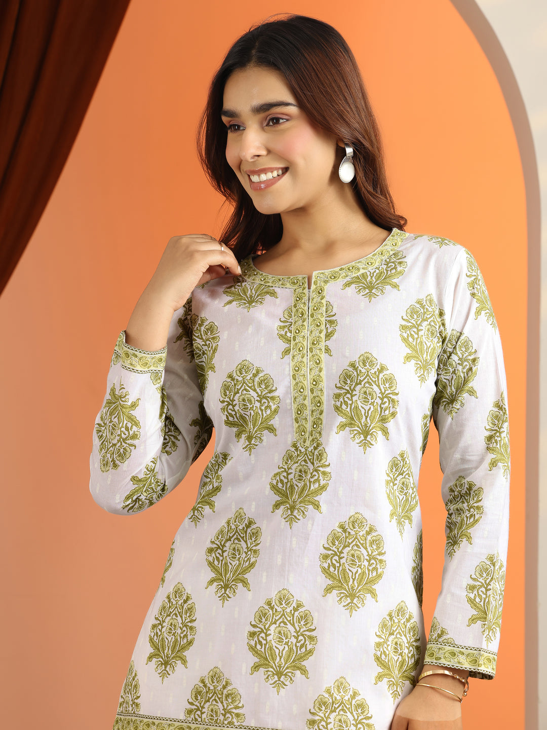 White Printed Cotton Straight Short Kurti 