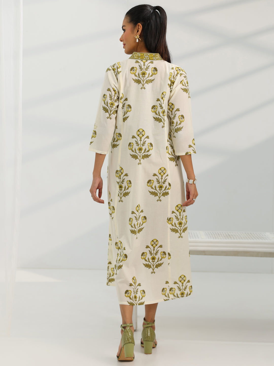  Off White Printed Cotton A-Line One Piece Dress 