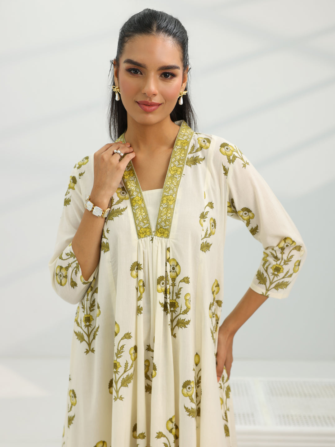  Off White Printed Cotton A-Line One Piece Dress 