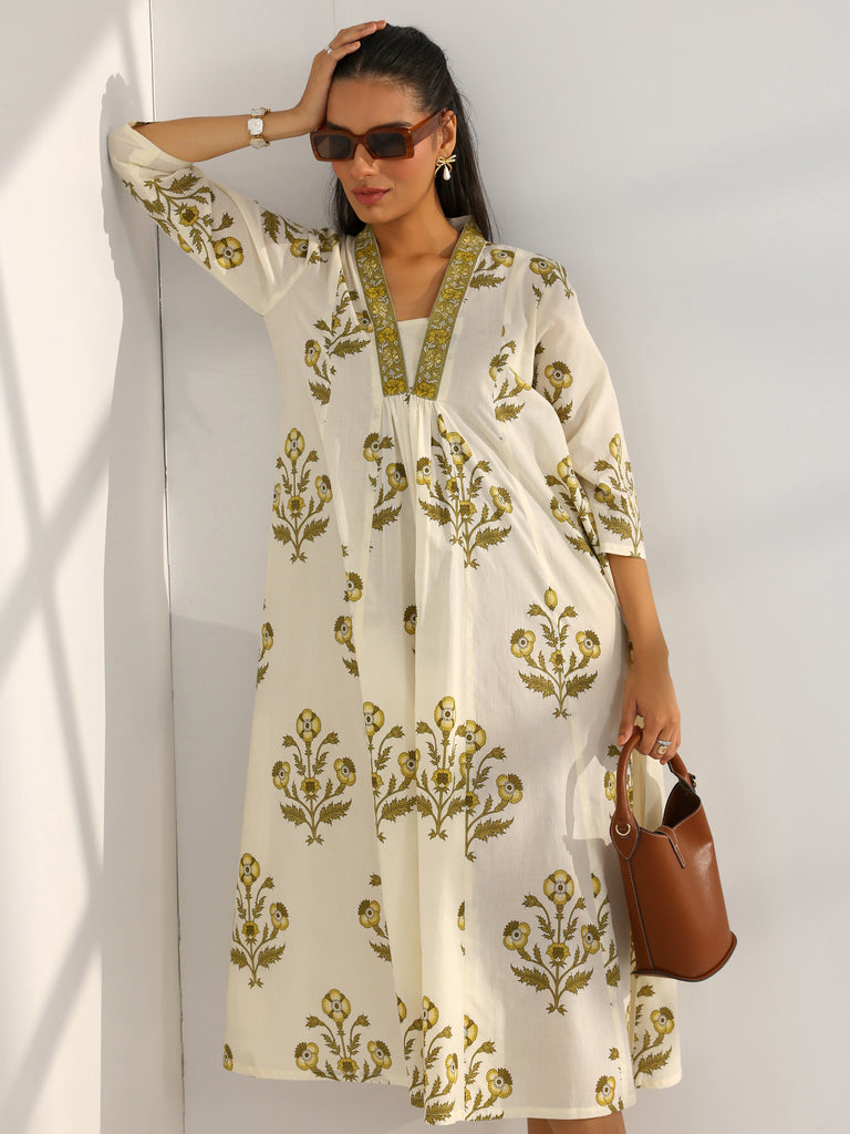 Libas Off White Printed Cotton A-Line One Piece Dress