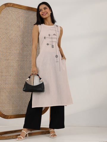 Off White Embroidered Cotton Straight Kurta