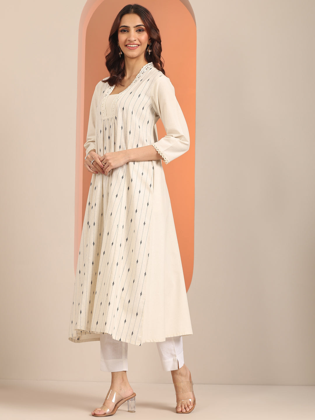  Off White Woven Design Cotton Blend Panelled A-Line One Piece Dress 