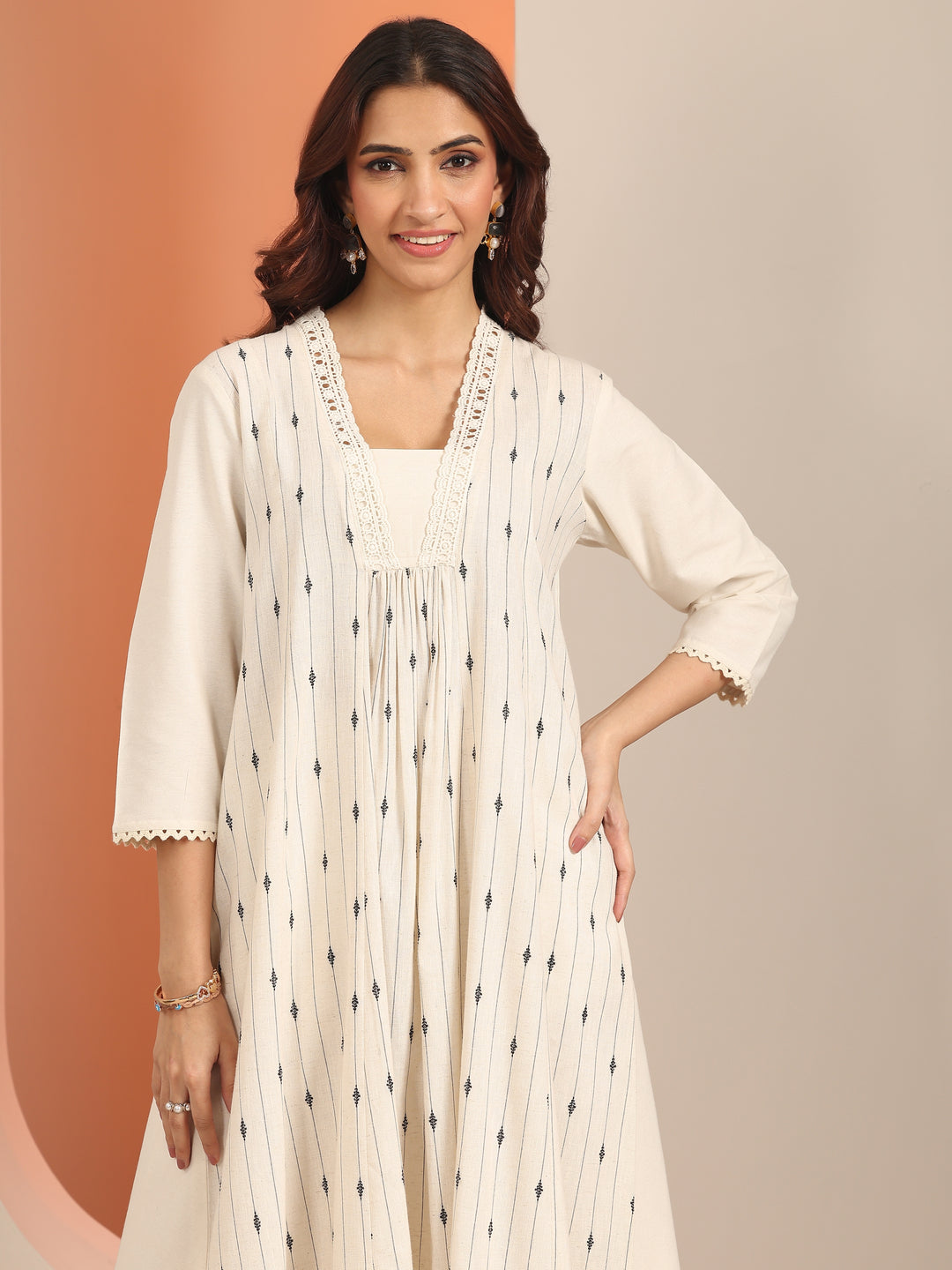  Off White Woven Design Cotton Blend Panelled A-Line One Piece Dress 
