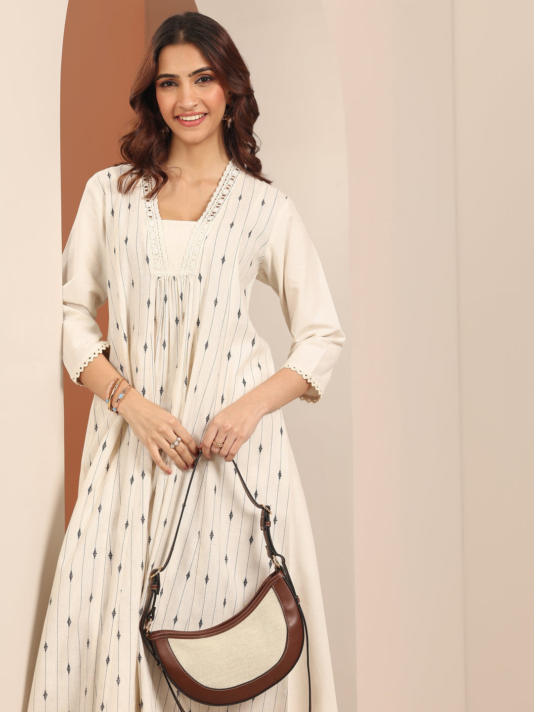 Off White Woven Design Cotton Blend Panelled A-Line One Piece Dress
