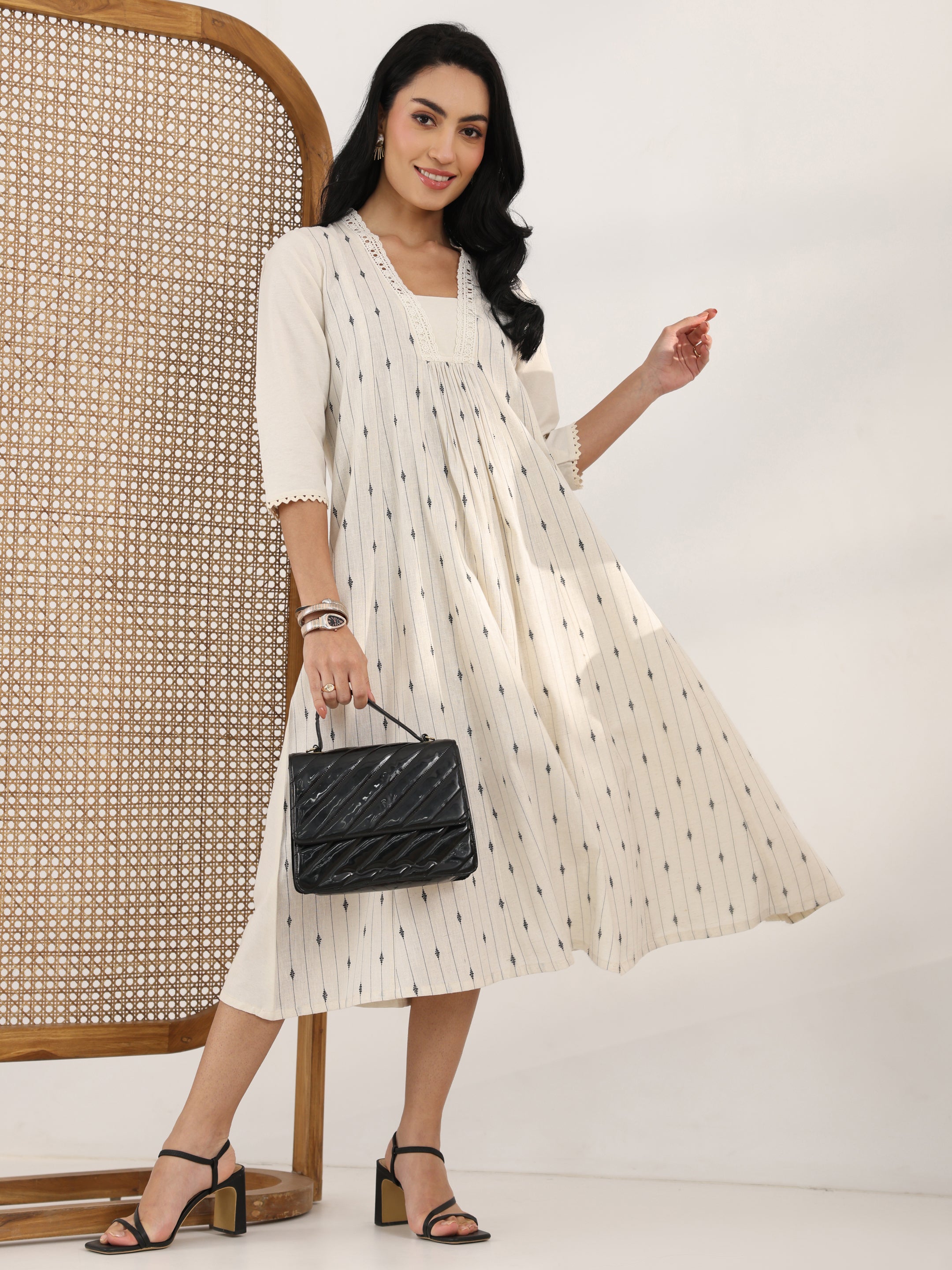 libas Off White Woven Design Cotton Blend Panelled A-Line One Piece Dress-picture-18