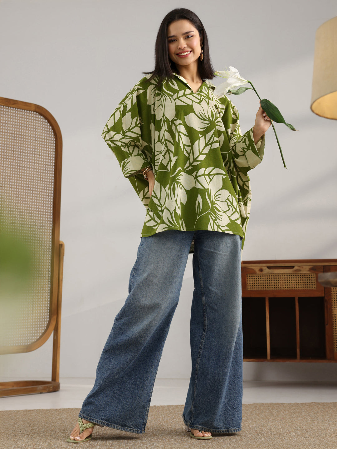  Green Printed Cotton Straight Short Kurti 