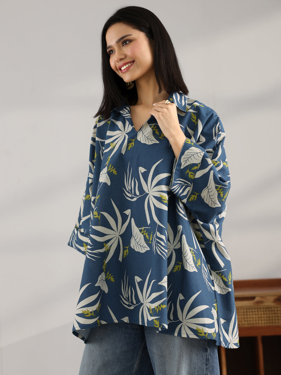 Blue Printed Cotton Straight Short Kurti 