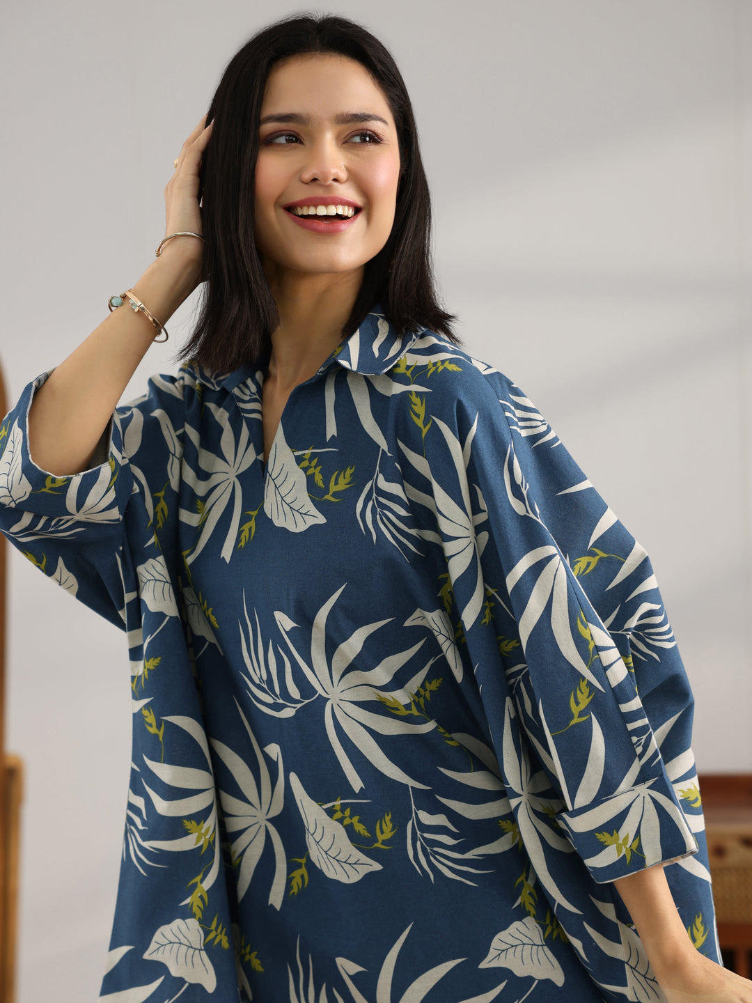  Blue Printed Cotton Straight Short Kurti 