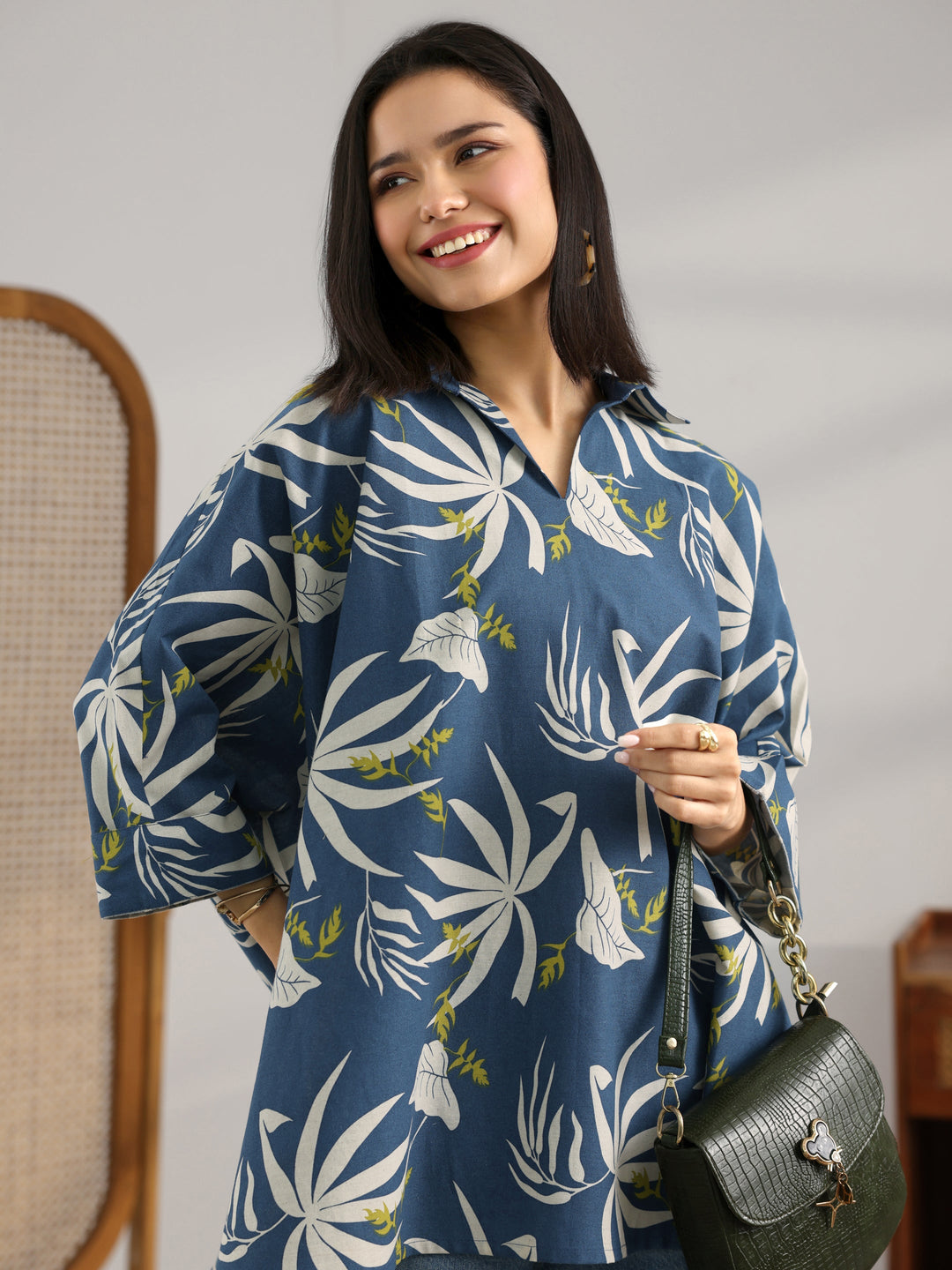Blue Printed Cotton Straight Short Kurti