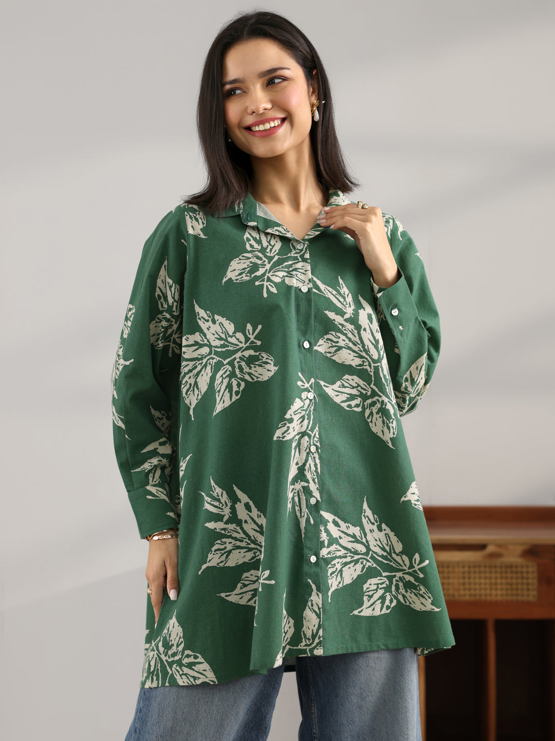  Green Printed Cotton A-Line Shorti Kurti 