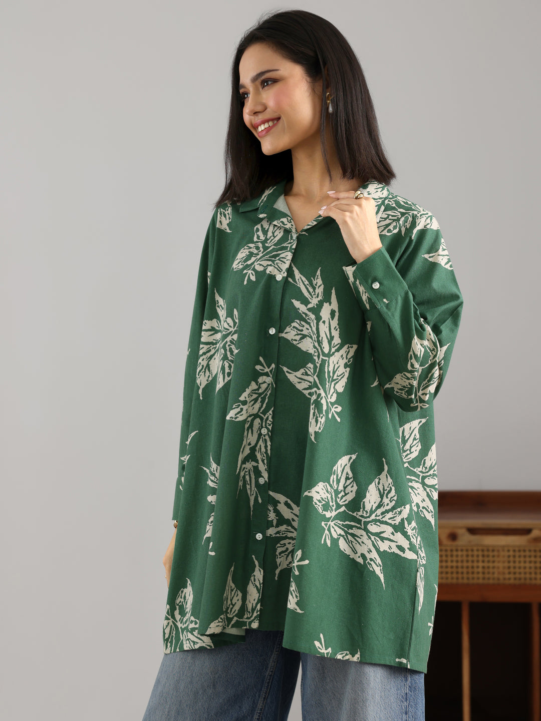  Green Printed Cotton A-Line Shorti Kurti 