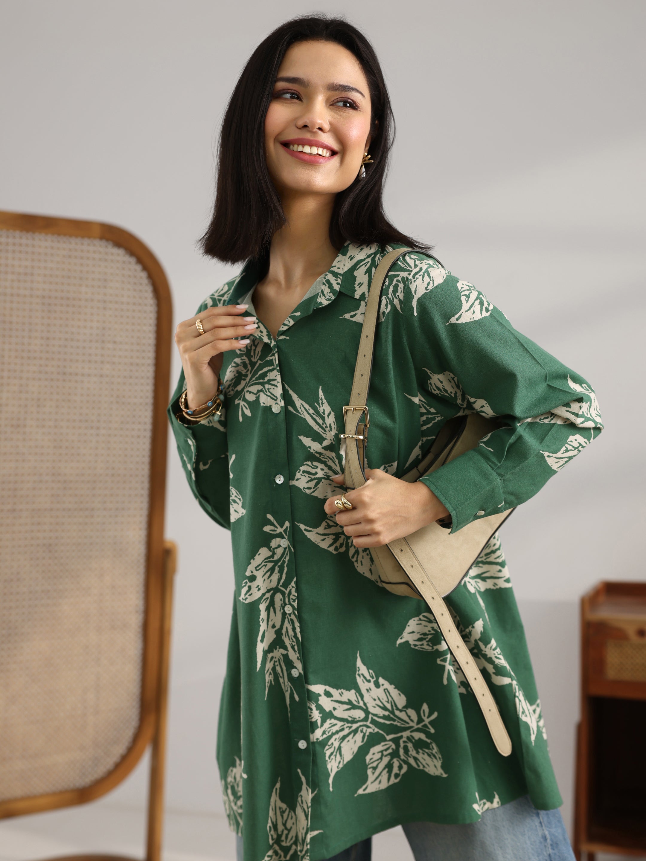 Green Printed Cotton Shirt-image-0