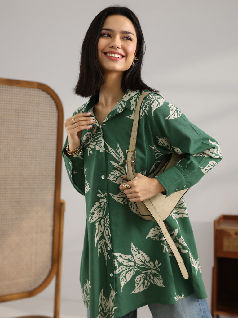 Libas Green Printed Cotton Shirt