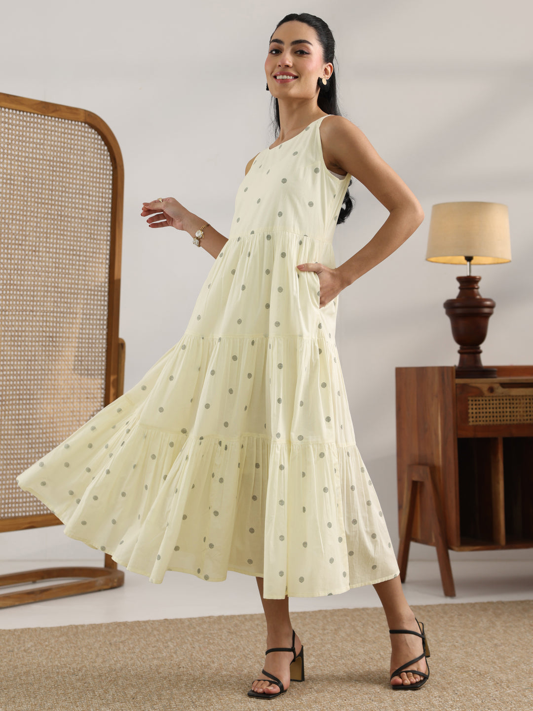  Off White Printed Cotton Fit And Flare One Piece Dress 