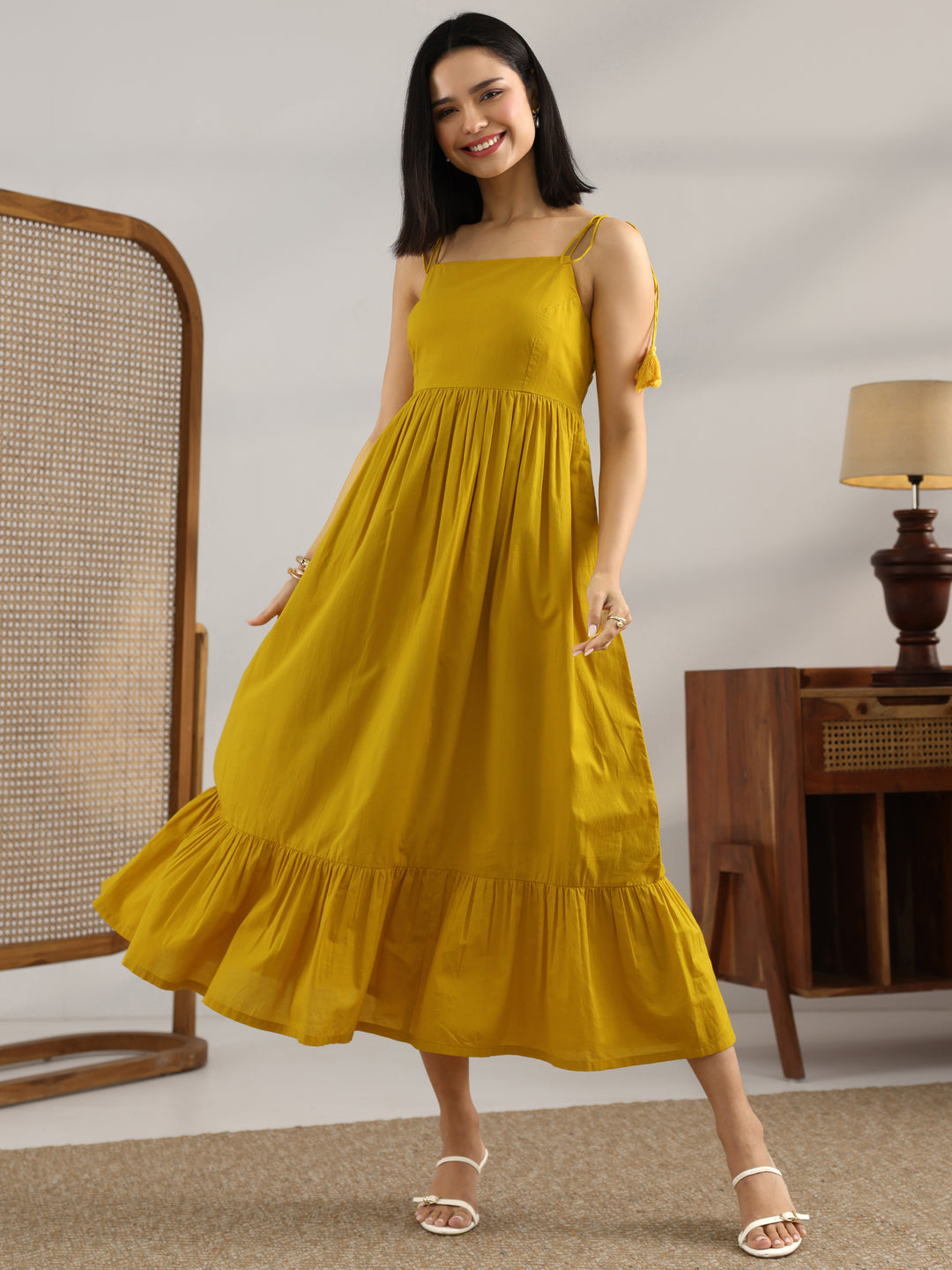  Mustard Solid Cotton Fit And Flare One Piece Dress 