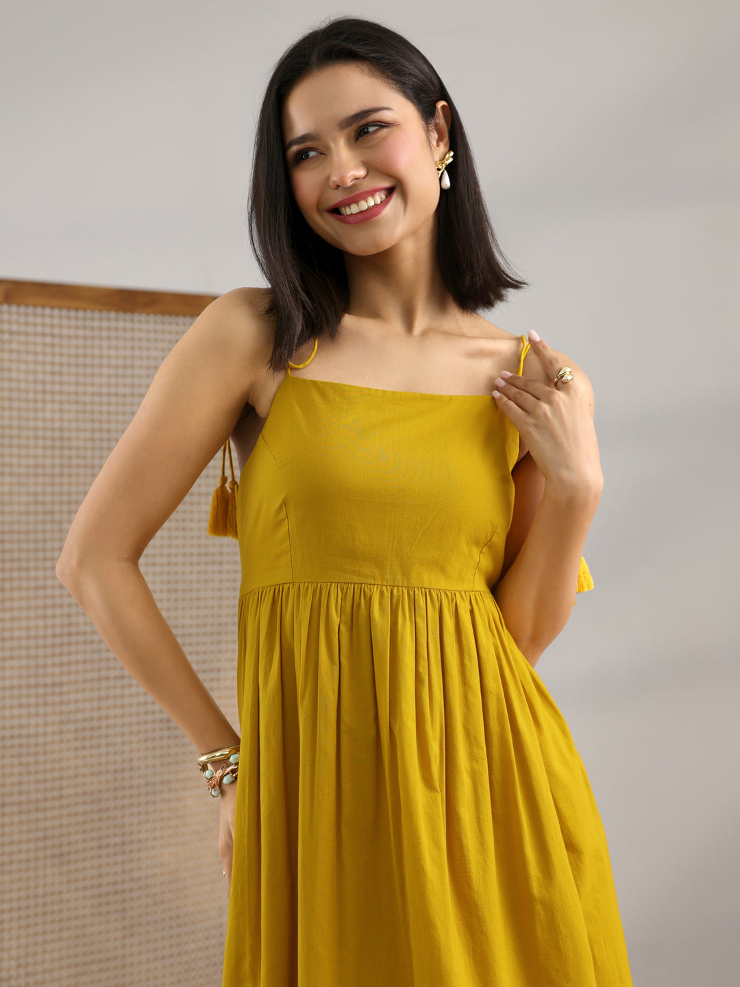  Mustard Solid Cotton Fit And Flare One Piece Dress 
