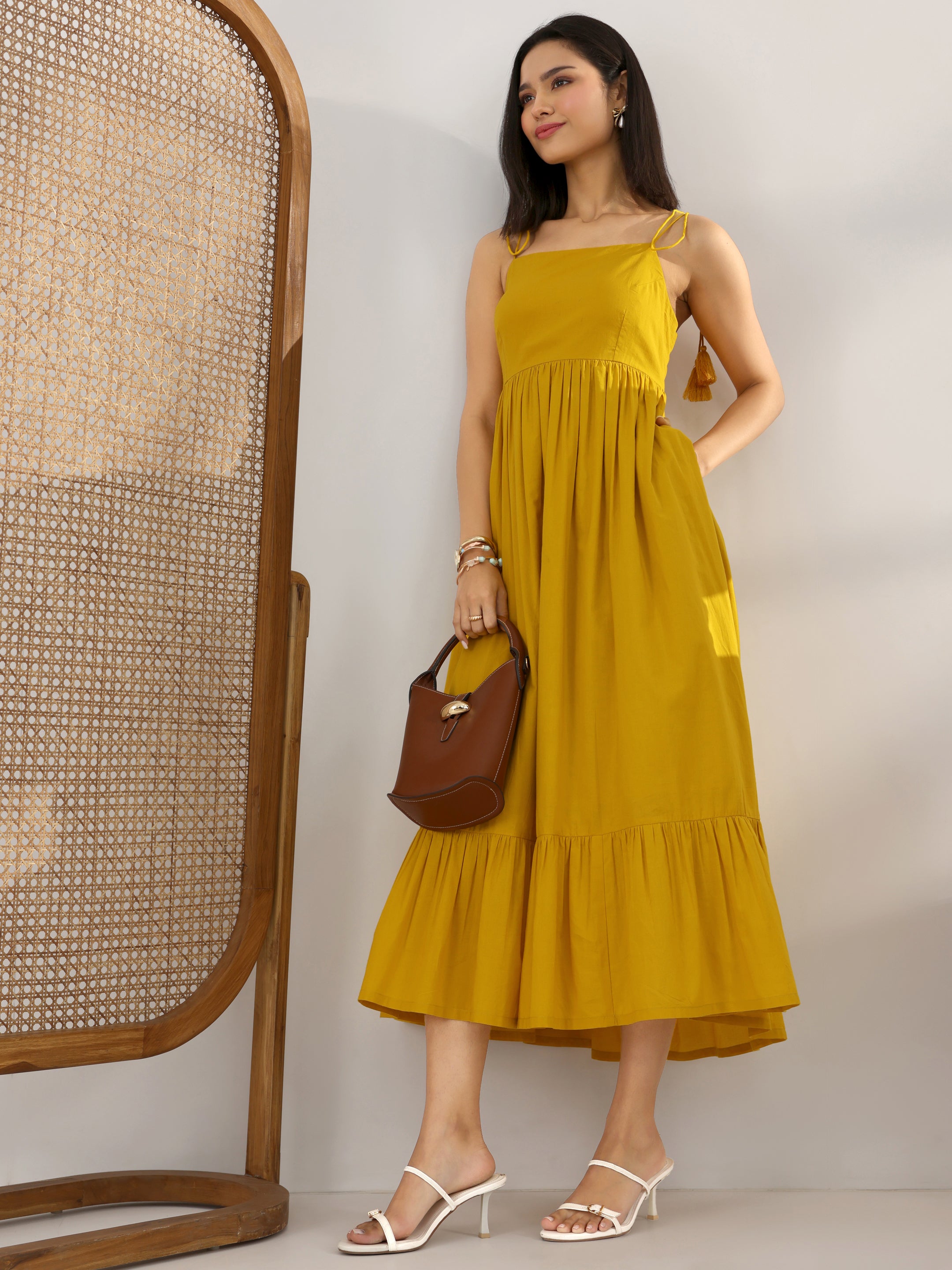 libas Mustard Solid Cotton Fit And Flare One Piece Dress-picture-10