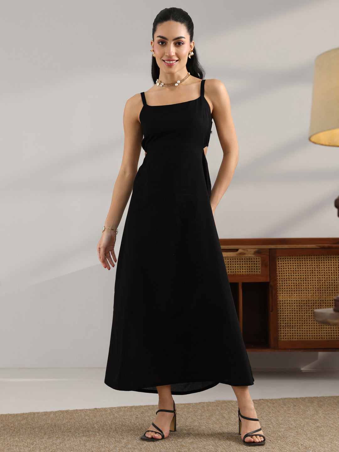  Black Solid Cotton Fit And Flare One Piece Dress 