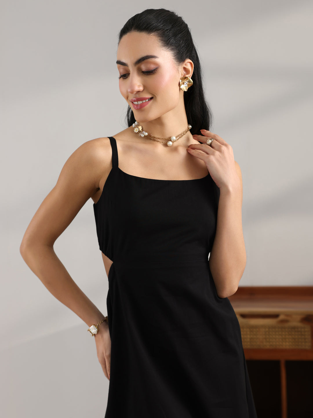 fitting one piece dress Knee Length Black Short One Piece Black Textured Knee Length Casual Women Slim Fit Dresses Selling
