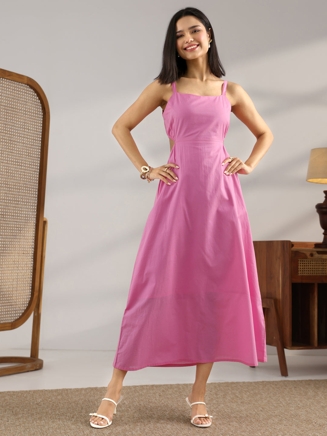  Pink Solid Cotton Fit And Flare One Piece Dress 