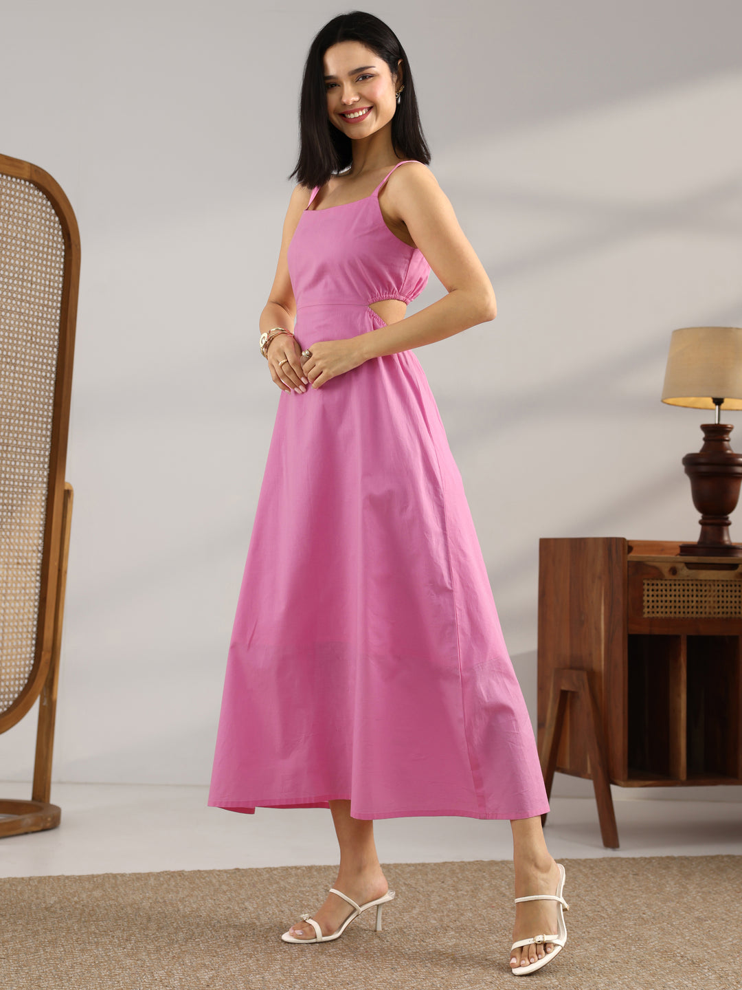  Pink Solid Cotton Fit And Flare One Piece Dress 