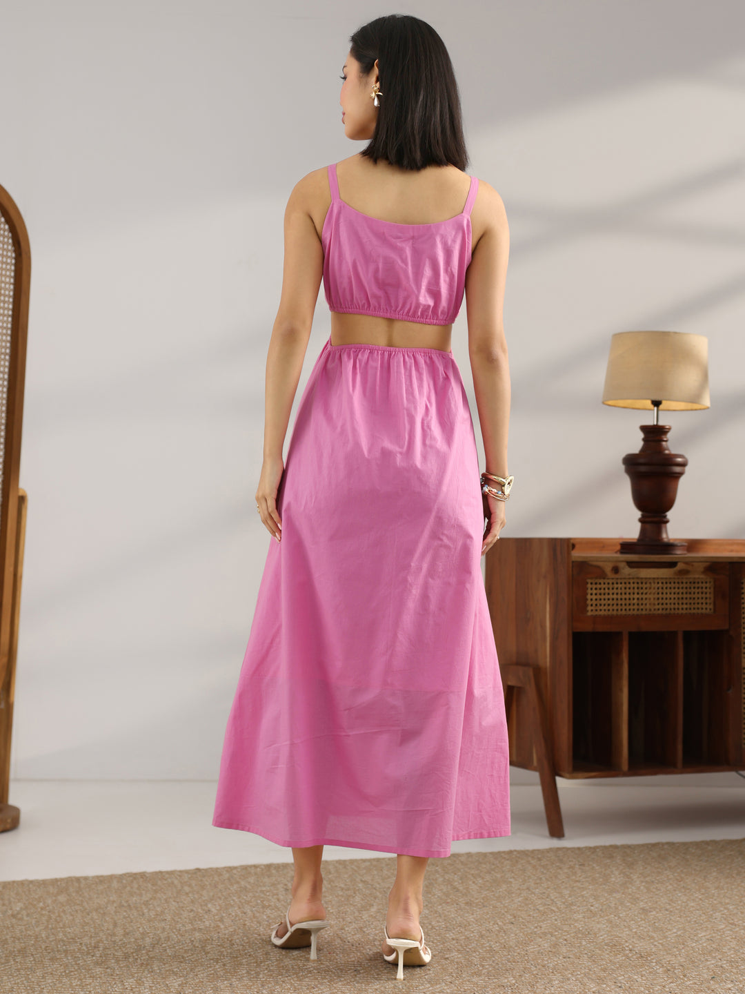  Pink Solid Cotton Fit And Flare One Piece Dress 