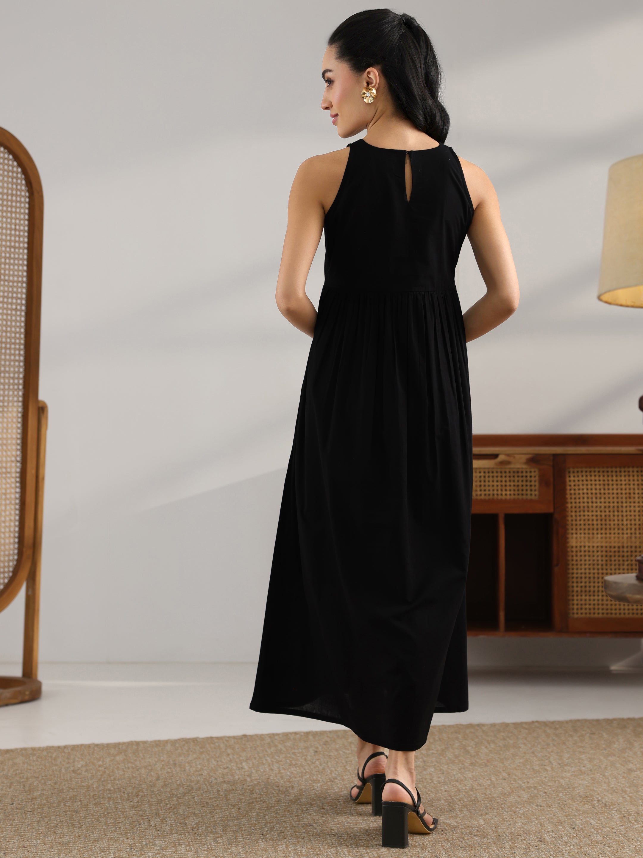Buy Black Solid Cotton Fit And Flare One Piece Dress Online at Rs