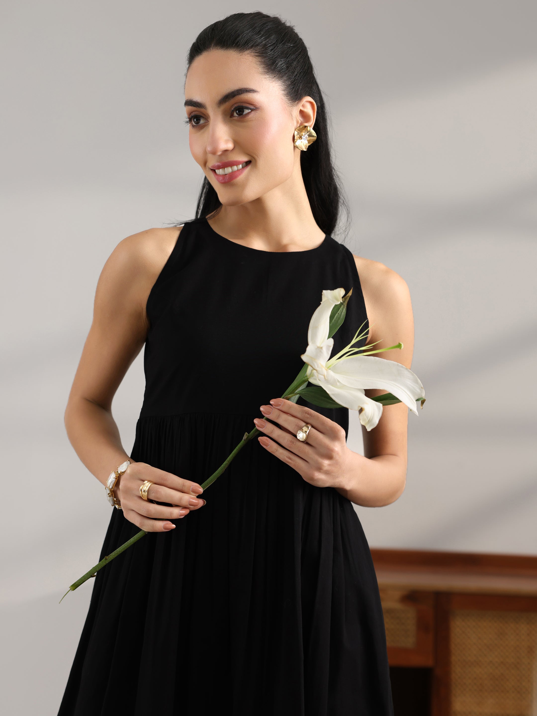 Buy Black Solid Cotton Fit And Flare One Piece Dress Online at Rs